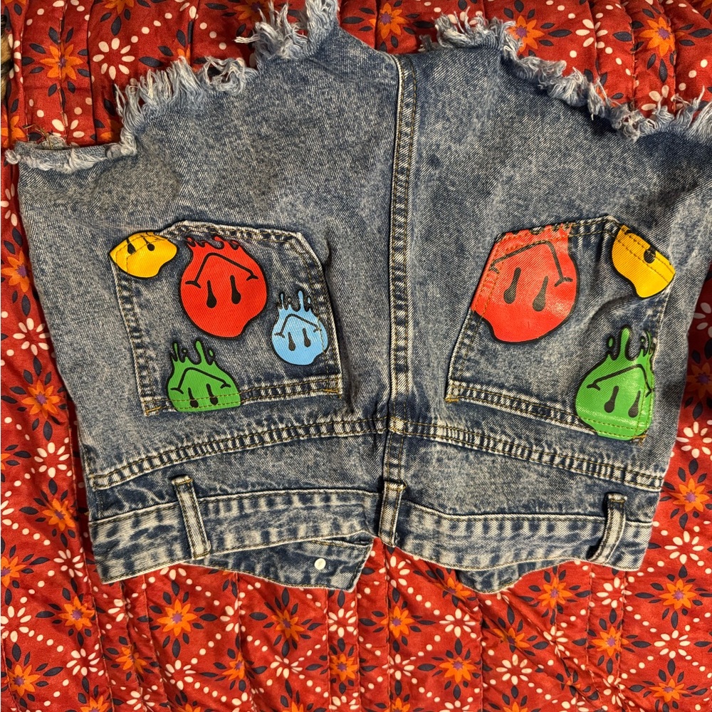 SHEIN Blue Denim Shorts Small Smiley Faces